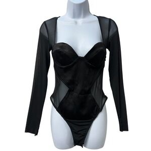 Zara Body Suit Black Long Sleeve Sheer Mesh Bodysuit Women's‎ S Party Top goth